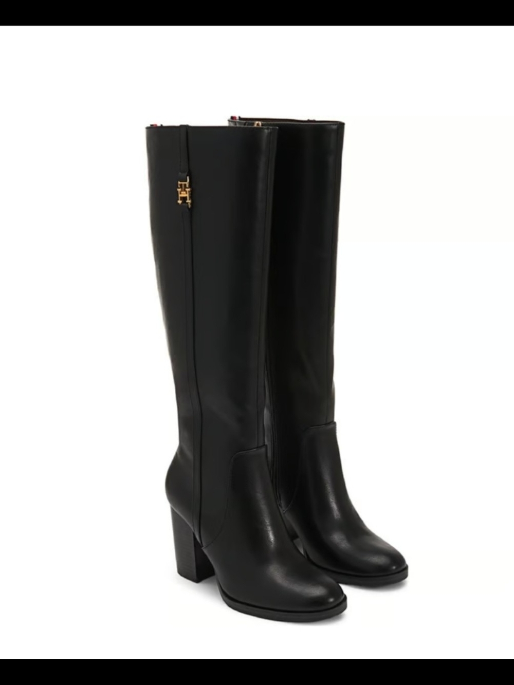Tommy Hilfiger Black Leather Over-the-Knee Boot with Gold Logo